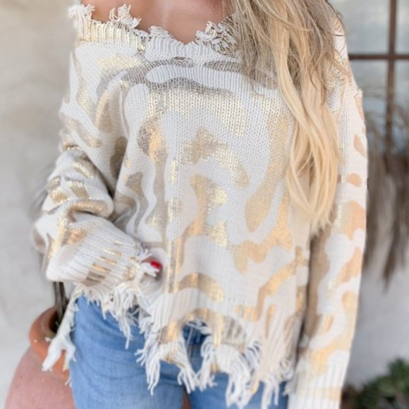 NWT Amoli Animal Print Ribbed Trim Distressed Sweater - Picture 6 of 6